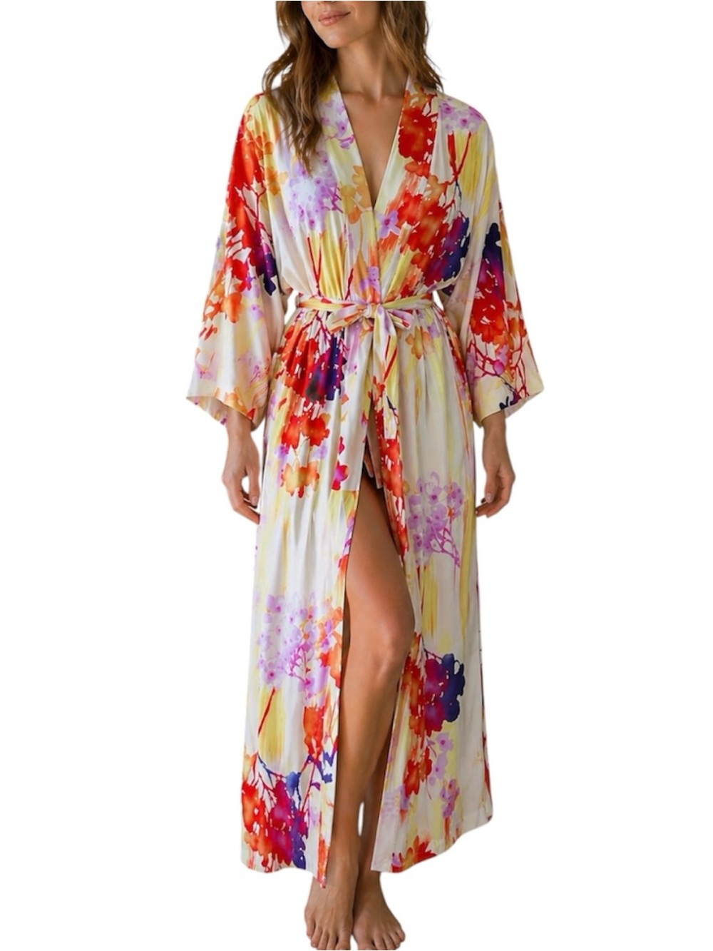 Natori Long Robe Silky Floral Sakura Luxury Artsy Dopamine Colorful Small NEW